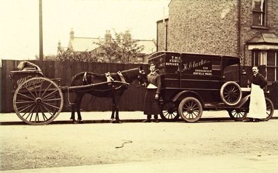 A. H. Clarke, butcher. Horse-drawn trap and motor van
Probably around 1914, from date of another related picture.
Keywords: 1910s;butchers;horse-drawn vehicles;horses;road transport;shops;retail;commercial vehicles