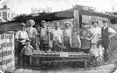 Brickfields workers, 1908
Photograph donated by Mrs Dodd, Edmonton. Mrs Dodd's father-in-law is first on left. Note on back of one print: "Bush Hill Park Hotel in background?" On back of second copy "Lea Valley".
Keywords: 1900s;industry;people
