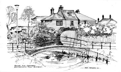 Bridge and cottages, Gentleman's Row
A large postcard. Drawing signed "Peter Warwick 77"
Keywords: bridges;New River Loop;engravings