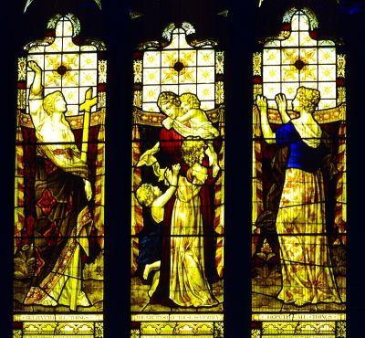 Stained glass window
Stained glass window representing, from the left, Belief, Charity and Hope
