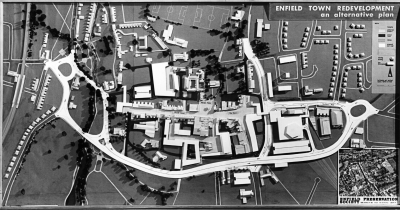 Road proposals for Enfield Town, 1965
A detailed architectural model made by Alan Skilton, ARIBA, a committee member of the Enfield Preservation Society, to show a possible alternative scheme to Enfield Council's proposed ring road which would have cut through Holly Walk and St Andrew's churchyard. The model was unveiled at a meeting of the Town Planning Committee in December 1965. It is now held by the Museum of London. - [i]Fighting for the future[/i], page 38.
Keywords: 1960s;roads and streets;road transport;models;LC5;LC2