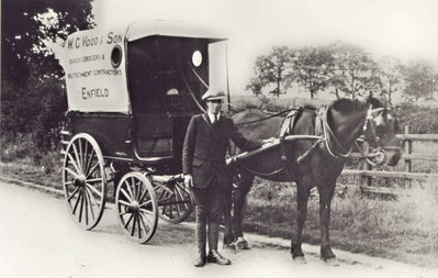 W. G. Wood, refreshment caterer
W. G. Wood opened his retreat off Chase Side, Enfield, in 1896 on 35 acres of meadowland with pavilions where 600 visitors could sit down for tea parties.
Keywords: horse-drawn vehicles;road transport;caterers;Chase Side