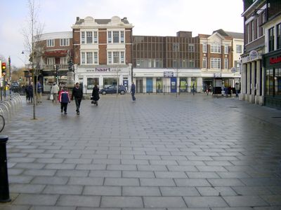 Fountain island, Enfield Town, 2009
This wide open area around the fountain in The Town, Enfield looks very bare and would benefit from some seats or trees.
