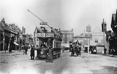 Tramcar in Enfield Town, 1909
First day of the trams in Enfield: July 3rd 1909. The last tram left Enfield Town on the evening of May 8th 1938 to be taken over by the trolleybuses.
Keywords: tramcars;road transport;1900s;bakeries;The Town