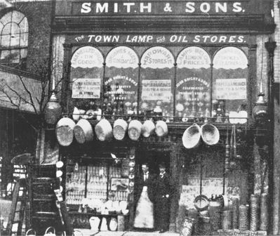 Smith and Sons hardware shop, 1899
From an advertisement sheet of 1899 by Meyers the Printers. Smiths were on the north side of the Town, next to Stanfeld's off licence. Smiths had a second shop in Baker Street. The gantry on the left was later knocked down by a lorry and not rebuilt. The picture shows Mr Eric Smith's father and grandfather.
Keywords: retail;1890s;hardware;lamps;oil;Church Street