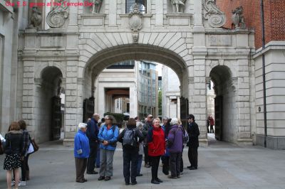 Temple Bar in Paternoster Square
The group of walkers, led by Stuart Mills, beside Temple Bar, near St Paul's Cathedral. Temple Bar was restored and re-erected in this location in 2004, having been located in Theobalds Park since 1880.
