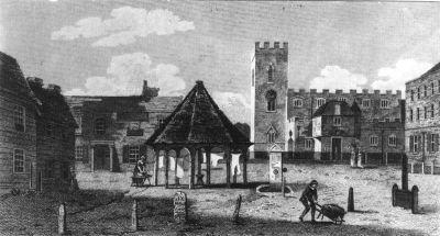 Enfield
Engraving of St Andrew's Church and the market place, published 1805. A woman is washing clothes beside the market shelter and hanging them up there to dry. A water pump is prominent in the middle of the market place.
Keywords: St Andrews;market places;washing;pumps