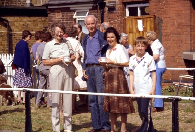 Walk around Enfield Lock, 18th June 1983 - tea break 
Valerie Carter, Don Gresswell and Irene Smith, three stalwart members of The Enfield Preservation Society, at Enfield Lock
Keywords: walks;canals;people;Enfield Preservation Society;heritage_walks