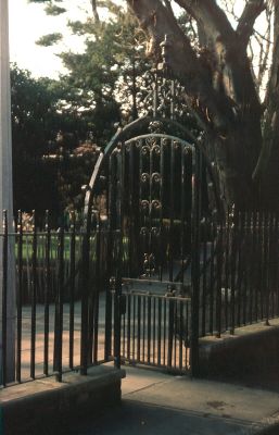 Gateway into St Andrew's churchyard from Church Lane
These wrought iron railings and gate came from Fir Tree House, Silver Street, when it was demolished to make way for the Civic Centre 
Keywords: gateways;churchyards;St Andrews Church