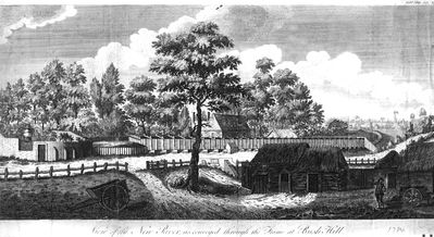 View of the New River, as conveyed through the frame at Bush Hill
Engraving from the [i]Gentleman's Magazine[/i] September 1784. This image is discussed in David Pam's [i]History of Enfield[/i] vol. 1, p105. The top of the Clarendon Arch over Salmons Brook is visible in the middle of the picture. The buildings in the foreground were the huts for the workmen engaged on constructing an embankment.
Keywords: 1780s;New River;aqueducts