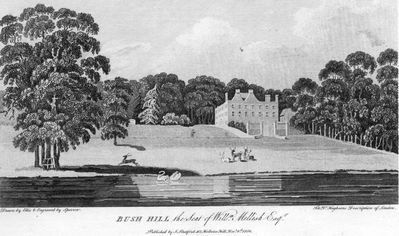 Bush Hill, the seat of William Mellish Esq.
Published by I. Stratford, 112 Holborn Hill, December 6th 1806. Drawn by Ellis and engraved by Sparrow. For Dr Hughson's [i]Description of London[/i]
Keywords: engravings;historic houses;demolished buildings;parks;1800s