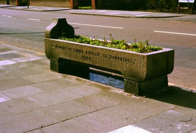 Horse drinking trough
Inscribed "In memory of Emma Ainslie, of Rowantree, 1909". 
[i]Comment by Daren Gordelier, 2014-02-16: "The trough is located at the top end of Church Street, opposite Ridge Avenue Library. The house Rowantree was at the Edmonton end of Church Street near Tillotson Road. Emma Ainslie left an estate valued at over £33,000."[/i]
Keywords: flowers;horse troughs;street furniture