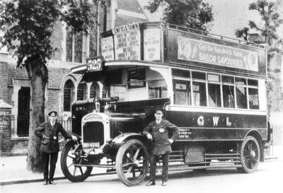 G.W.L. bus no 525
Thorneycroft motor bus, open-topped double decker. Destination board reads "To ENFIELD TOWN / PONDERS END / EDMONTON / HIGH ROAD TOTTENHAM / STAMFORD HILL / CLAPTON RD / WARE STREET / CAMBRIDGE RD / GREEN ST / ...TT RD / WEST FERRY RD". Advertisments are for Lew Leslie's "White birds" at Her Majesty's Theatre, starring Maisy Gay. This ran, and flopped, in 1926, so that gives the date of the picture. - [i]Vaudeville old & new: an encyclopedia of variety performances in America, Volume 1 / By Frank Cullen, Florence Hackman, Donald McNeilly[/i]
Keywords: 1920s;buses