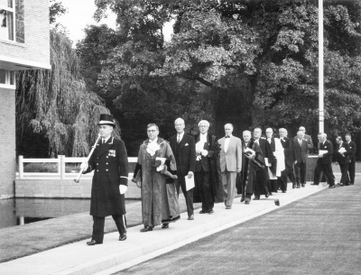 Civic Centre opening
Sir Seymour Howard, who as Lord Mayor had presented Enfield with its Charter, returned to the borough in 1961 to open the new Civic Centre. Here the mace bearer leads the Mayor (Councillor Ernest Rayment), Sir Seymour, the Town Clerk (Cyril Platten) and other dignitaries to the Civic Centre for the opening ceremony. - [i]Fighting for the future[/i], page 28.
Keywords: 1960s;events;Civic Centre;mayors