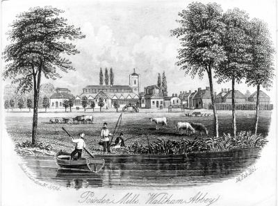 Powder Mills, Waltham Abbey
Print dated 14 Feb 1891. Rock & Co. London, No. 3736.
Keywords: 1860s;boats;cattle;engravings;industry;rivers and streams;factories;fishing