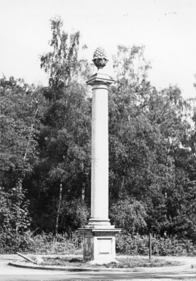 Trent Park. The Emma Crewe ‘Pineapple’
The ‘Pineapple’, at the eastern end of The Main Drive, is a cylindrical column with a pineapple finial, holding the inscription: [i]‘To the memory of Emma Crewe, Dutchess [sic] of Kent’[/i] This commemorates Jemima Crewe, daughter of Thomas Crewe (2nd Baron Crewe), who was the wife of Henry Grey from the previous obelisk. It was the Duke’s great desire to have a son who would inherit his title, but, unfortunately, Jemima died on 2nd July 1728, leaving behind only daughters.
- From: [i]Concise history of Trent Park, by Alan Mitellas[/i] [url]http://www.enfield.gov.uk/download/downloads/id/8248/consice_history_of_trent_country_park[/url]
Keywords: monuments;Grade II listed