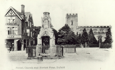 Market place about 1900
The upper section of the cross has been removed because it was thought unsafe. A note on the back of the print reads "With granite drinking fountain" but it is not clear where that is. The new King's Head pub was built in 1899.
Keywords: 1890s;churches;market crosses;market places;pubs;St Andrews Church;pumps