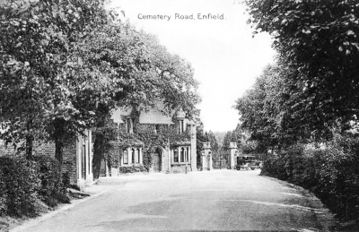 Lavender Hill Cemetery entrance
Believed to be in the 1920’s. The large oak tree, reputed to be older than the cemetery itself, was felled in 2014.

"This postcard is from the Robert Calvert Brown set that was salvaged and sold by the Society.  Robert ran the Post Office at 62 Browning Road in 1933 & 4.  The Kelly’s noted him as a Photographic Chemist.  Robert was born 13th April 1870 in London, the London in Canada.  He might have died in Michigan USA." - [i][Information from Stephen Sellick][/i]
Keywords: 1920s;cemeteries;trees