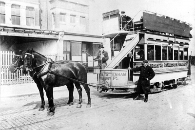 Horse-drawn tram at Edmonton, before 1900
Destination board shows "Edmonton and Finsbury Pk, via Tottenham & Seven Sisters Rd".
Keywords: 1891;horse-drawn vehicles;horses;tramcars;road transport