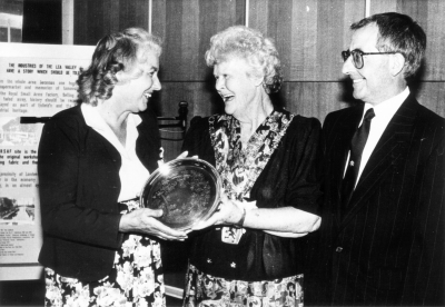 Presentation to Irene Smith
Irene Smith was presented with an engaved silver salver in 1994 to mark her 25 years of dedicated service as honorary secretary of Enfield Preservation Society. The Mayor, Councillor Rita Smythe (centre) made the presentation on behalf of the EPS, watched by chairman Colin Pointer. 
Keywords: EP1;people;events