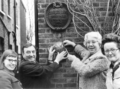 Westwood Cottage - plaque being fixed, March 1975
An Enfield Preservation Society listed building plaque being fixed by Mayor Cllr. Bill Poole and Mrs C. Eagles. At left and right are the Mayoress and Valerie Carter, Chairman of the EPS. The upper plaque reads "Charles Lamb lived here October 1829 until May 1833".
Keywords: 1970s;Charles Lamb;Grade II listed;historic buildings;plaques