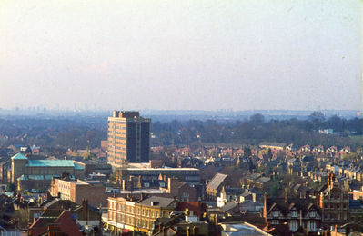 View from top of Civic Centre, looking SW
Tower Point is the prominent building in the centre. Green roof of Our Lady of Mt Carmel and St George RC Church at left.
Keywords: panoramas;aerial;Tower Point;churches