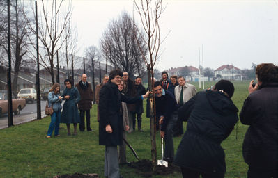 Tree planting at Chase Boys School by Tim Eggar, MP, 1981
Slide has caption "Queen Mother tree planting", but it is not clear what connection this has with the Queen Mother.
Keywords: 1980s;trees;schools