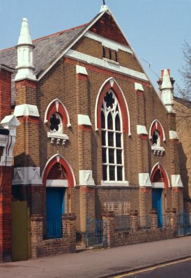 Primitive Methodist church, 1976
Later a Salvation Army Citadel. Now demolished. A map of 1897 shows it as being located on the south side of the junction of Chase Side and Halifax Road, and that site is now occupied by a car sales site.
Keywords: churches;historic buildings;demolished buildings