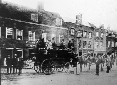 Stage coach about to depart from the George, pre-1890
 

[i]Reproduction right held by Enfield Local Studies Library and Archive.[/i]
Keywords: 1880s;horse-drawn vehicles;pubs;road transport;road transport;stage coaches