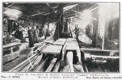 Sawmill in George Halsey's factory in Baker Street, c.1900
A postcard from the company, in which it is described as "English timber merchants", and "Motor repairs and painting a speciality".
Keywords: 1900s;industry;factories;people;sports;postcards