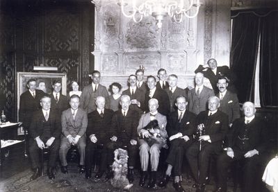 Leggatt Brothers staff at opening of Tudor Room
The five Leggatt brothers, who were well-known in the art world, lived at Little Park, Gentleman's Row, and had an extension built onto their house to accommodate an ornate ceiling, fine panelling and a carved overmantel and fireplace taken from the former Enfield "Palace" when it was demolished to make way for Pearson's department store. - [i]Fighting for the future[/i] p.11
Keywords: 1920s;Tudor Room;events;people