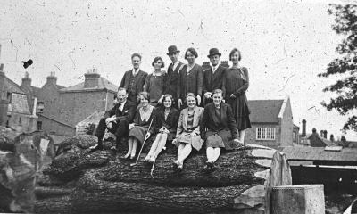 Pearson's staff on the trunk of the cedar tree, 1928
Keywords: people;trees;shops;1920s