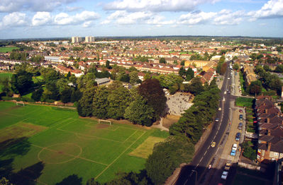 View north from top of Civic Centre
Shows Silver Street and school playing fields.
Keywords: playing fields;aerial