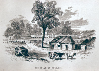 The Frame at Bush Hill
The New River was carried over the valley between Bush Hill and Winchmore Hill by a wooden frame lined with lead and supported on brick columns. Engraving from Ford and Hodson [i]A history of Enfield[/i], 1873.
Keywords: New River;aqueducts;farms;engravings