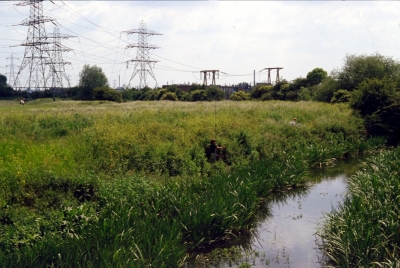 Small River Lea, June 1983
Near proposed route of the "north-south road", now built as Mollison Avenue
Keywords: 1980s;rivers and streams;open spaces;electricity pylons