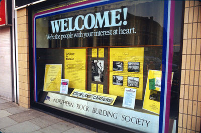 Launch of "A guide to Enfield street names" : window display
Display in window of Northern Rock Building Society
Keywords: Enfield Preservation Society;books;window displays