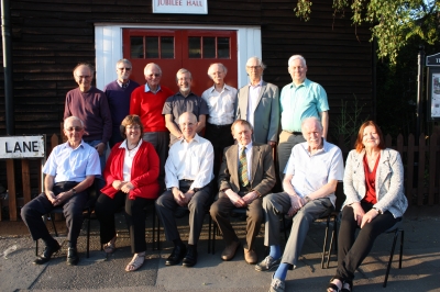 Enfield Society Management Committee, 2016
Outside Jubilee Hall, 12th May, 2016.
[i]From left to right, back row:[/i] Richard Stones, Bob Fowler, Leonard Will, John West, Stuart Mills, Tony Dey, Stephen Gilburt.
[i]Front row:[/i] Colin Pointer, Janet McQueen, Dave Cockle, Chris Jephcott, David James, Val Munday.
John Davies and Moira Wilkie were not able to be present; Moira was attending another organization's meeting that evening, as our representative. 
Keywords: Enfield Society;people