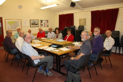 Enfield Society Management Committee, 2016
At work in Jubilee Hall, 12th May, 2016.
From left to right: Richard Stones, Stephen Gilburt, Dave Cockle, David James, Colin Pointer, Leonard Will, Tony Dey, Val Munday, Janet McQueen, John West, Chris Jephcott, Bob Fowler, Stuart Mills.
John Davies and Moira Wilkie were not able to be present; Moira was attending another organization's meeting that evening, as our representative. 
Keywords: Enfield Society;Jubilee Hall;people