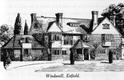 Windsmill, 84 Windmill Hill
The architect was Alfred Henry Hart who lived locally at 28 The Ridgeway and designed a number of houses thereabouts, most now demolished. Hart had a successful architectural practice in partnership with Percy Leslie Waterhouse around the turn of the century and designed predominately in the Arts and Crafts style then in vogue. Windsmill was a nursing home, then became sheltered housing for "care in the community". It was demolished in the 1990s and replaced by Salmons Brook House (flats).
Keywords: demolished buildings;engravings