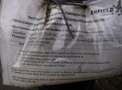 Clay Hill. Kingswood: planning notice.
Kingswood is a locally listed structure, but I was unable to find a vantage point for a photo. This is a planning notice for Kingswood, ref. P12-02982HER, for "Demolition and rebuilding of bay plinth on renewed foundations following subsidence damage".
Keywords: locally listed;Clay Hill